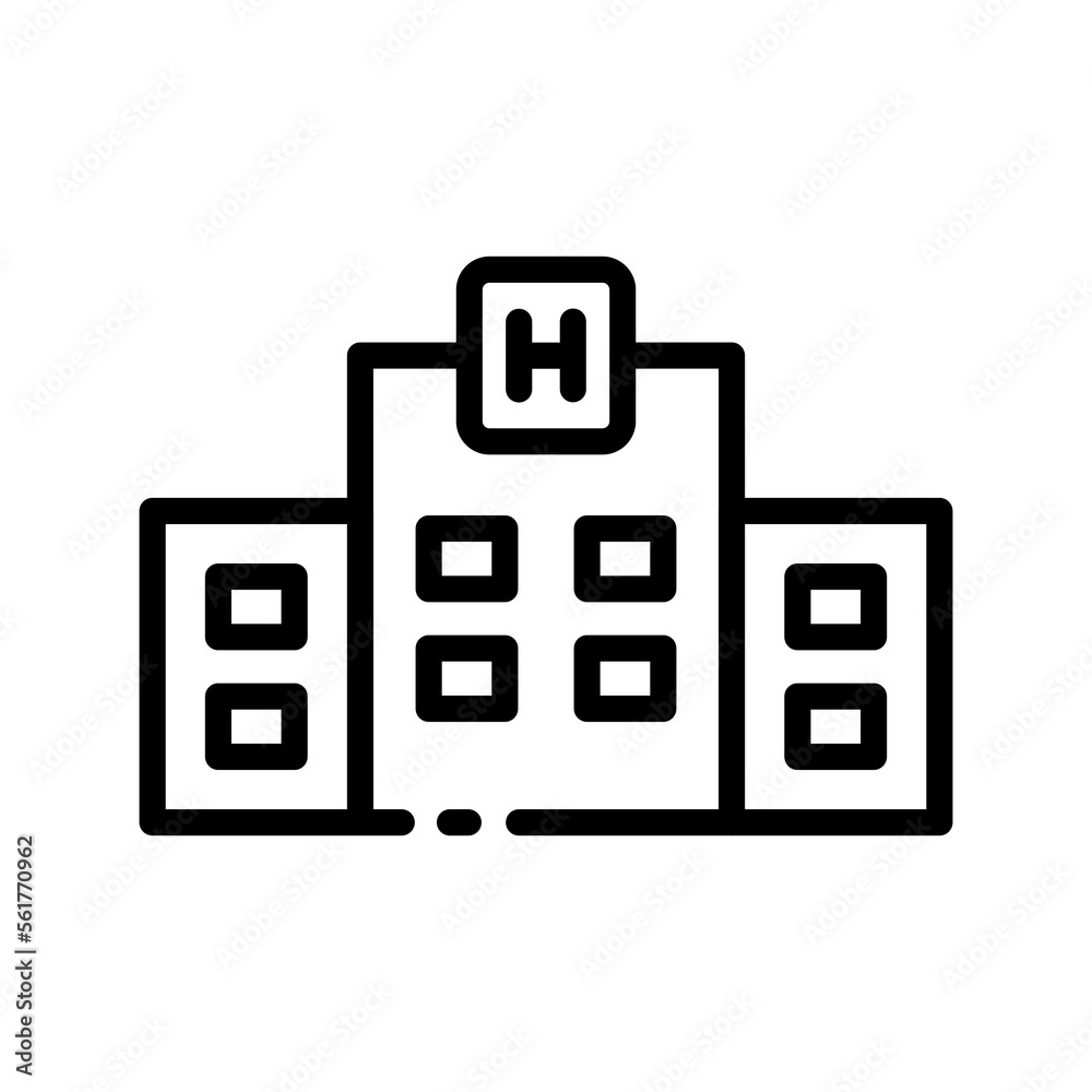Hospital line icon. Disease, thermometer, doctor, patient, prescription, building, treatment, immunity, recommendations, advice. health concept. Vector black line icon on white background Hospital line icon. Disease, thermometer, doctor, patient, prescription, building, treatment, immunity, recommendations, advice. health concept. Vector black line icon on white background