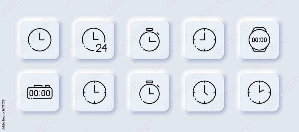 Clock neomorphic line icons set. Editable stroke, neomorphism, timer, stopwatch, deadline, around the clock, support, speed, competition, wrist, wall. time concept. Vector neomorphic line icons set
