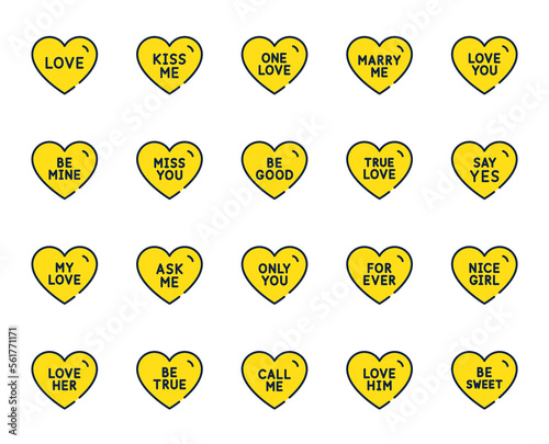 Sweet heart line icons. Sweetheart for valentines day, love heart, romantic message. Marry me, call me, one love icons. Valentine flirt, nice girl, be mine dating message. Vector