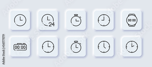 Clock neomorphic line icons set. Editable stroke, neomorphism, timer, stopwatch, deadline, around the clock, support, speed, competition, wrist, wall. time concept. Vector neomorphic line icons set