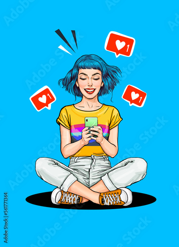 Portrait of nice cute smiling pretty girl  addicted from social media sitting hold cellphone  read notification in Instagram telegram WhatsApp twitter tiktok 