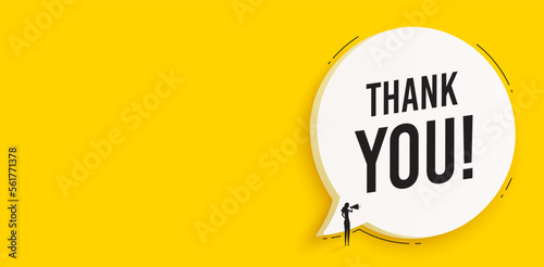 Thank you speech bubble banner. Thanks poster with woman holding megaphone. For business, marketing and advertising. Chat message bubble with thank you phrase. Vector illustration