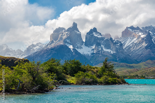 Pehoe Lake landscape with Cuernos del Paine mountain peaks, Torres del Paine national park, Patagonia, Chile. photo