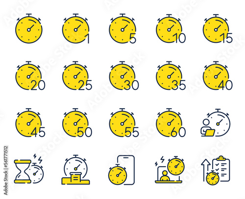 Timer line icons. Hourglass, clock time and stopwatch. Alarm countdown, sport measurement tool and 1 hour line icons. 10 minutes timer, time report, cook clock. Fast service, 60 seconds. Vector