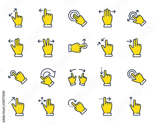 Touchscreen gesture line icons. Hand swipe, Slide gesture, Multitasking icons. Touchscreen technology, tap on screen, drag and drop. Smartphone mobile app or user interface. Vector