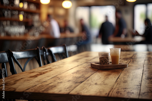 Wood table top with a background of a café or restaurant and blurry individuals. Key visual layout for montage product display or design. Generative AI
