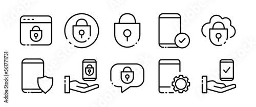 Security line icons set. Web page, protection, password, reliability, lock, database, hand, speech bubble, smartphone, shield, settings, checkmark. Technology concept. Vector black line icons set