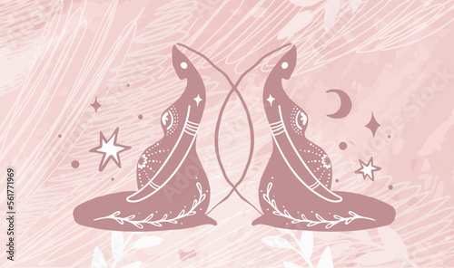 Two mystical pregnant women on a modern pink background, sacral pregnancy, a woman waiting for the birth of a baby. Vector banner, landing page for doula.