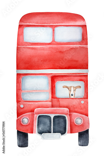 Watercolour illustration of red double-decker bus with cute little puppy sitting inside. Front view. Hand painted water color drawing on white backdrop, cut out clipart element for design decoration.