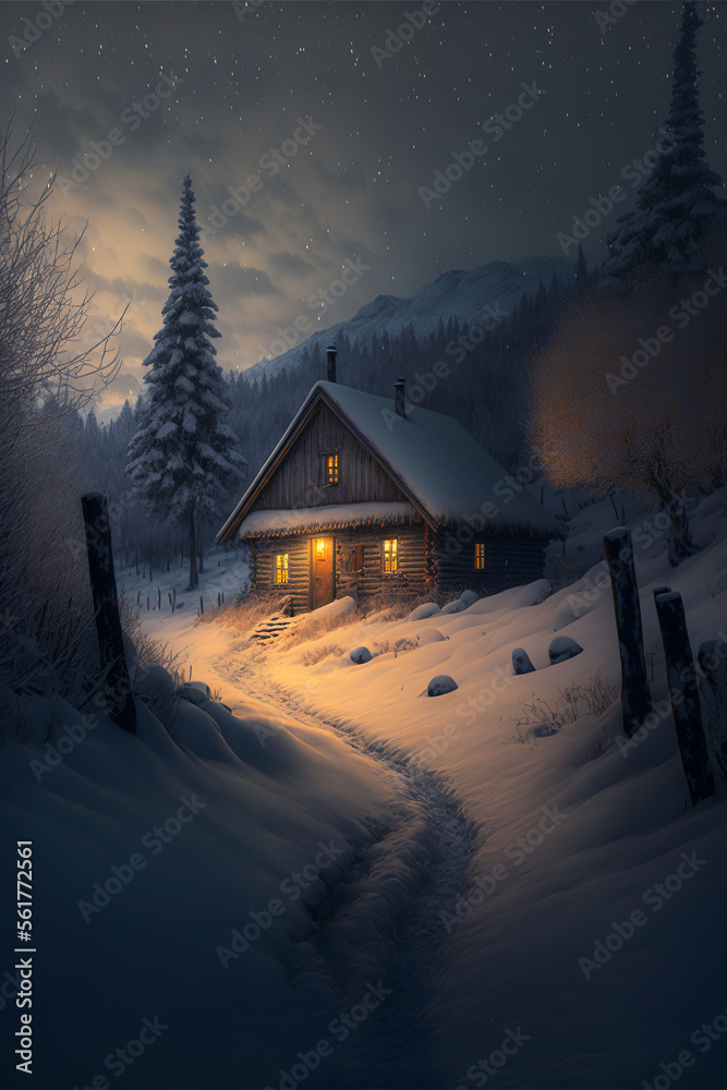 Made by AI, Generative AI Image, Old cabin in winter forest