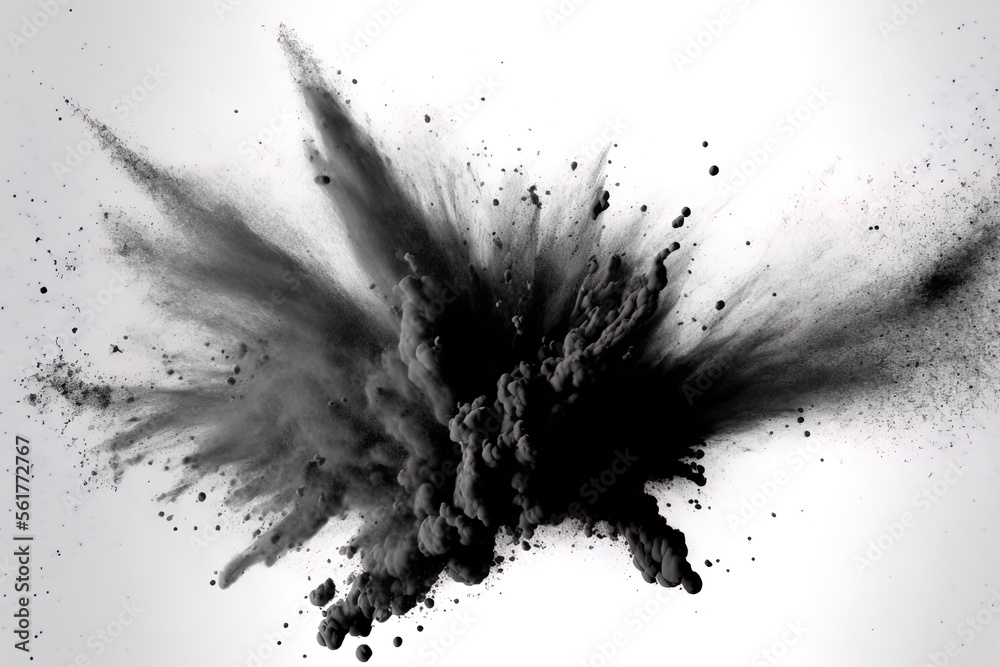 blast of black powder. Black dust explosion in close up, isolated on a