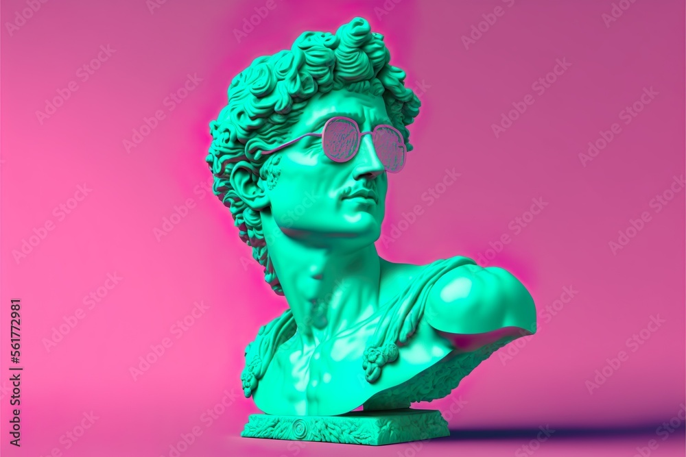 Colorful sculpture head of man David with sunglasses