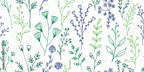Field flower sprigs botanical vector seamless background. Chic herbal textile...
