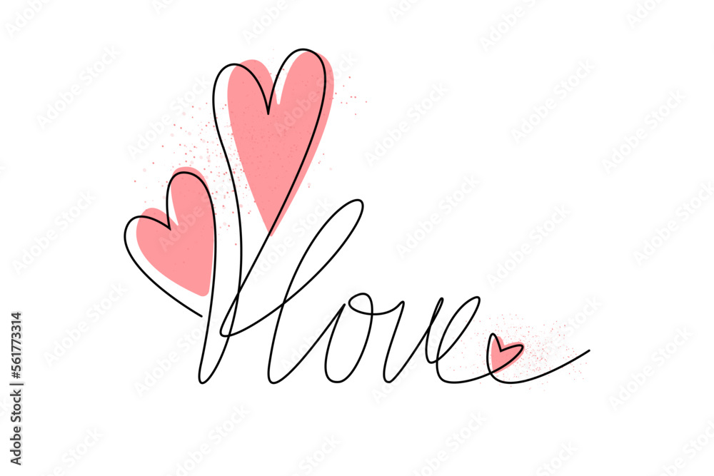 The inscription love with pink hearts, drawn with a black line.Congratulations on Mother's Day, Women's Day.happy Valentine's day.Vector illustration.