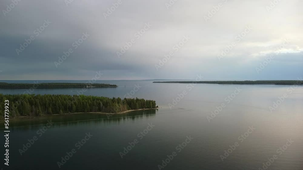 Aerial Shot of Forested Islands and Lake Huron Archipelago, Hessel, Michigan, Les Cheneaux Islands Aerial Shot of Forested Islands and Lake Huron Archipelago, Hessel, Michigan, Les Cheneaux Islands