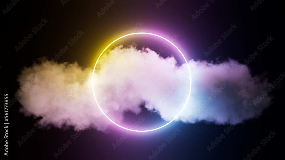 White smoke with colorful neon light circle