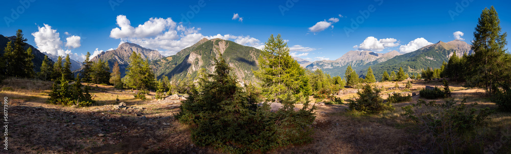 Panoramic view of the La Coche Plateau in Ecrins National Park. The Champoleon Valley is to the left with the Drac Valley to the right. Hautes-Alpes, France