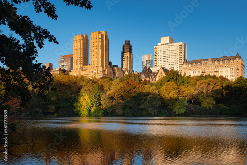 Central Park Lake at sunrise with view of Upper West Side buildings. Manhattan, New York City