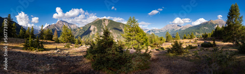 Panoramic view of the La Coche Plateau in Ecrins National Park. The Champoleon Valley is to the left with the Drac Valley to the right. Hautes-Alpes, France