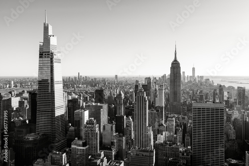 Photography New York City aerial skyline of the skyscrapers of Midtown Manhattan (Black and