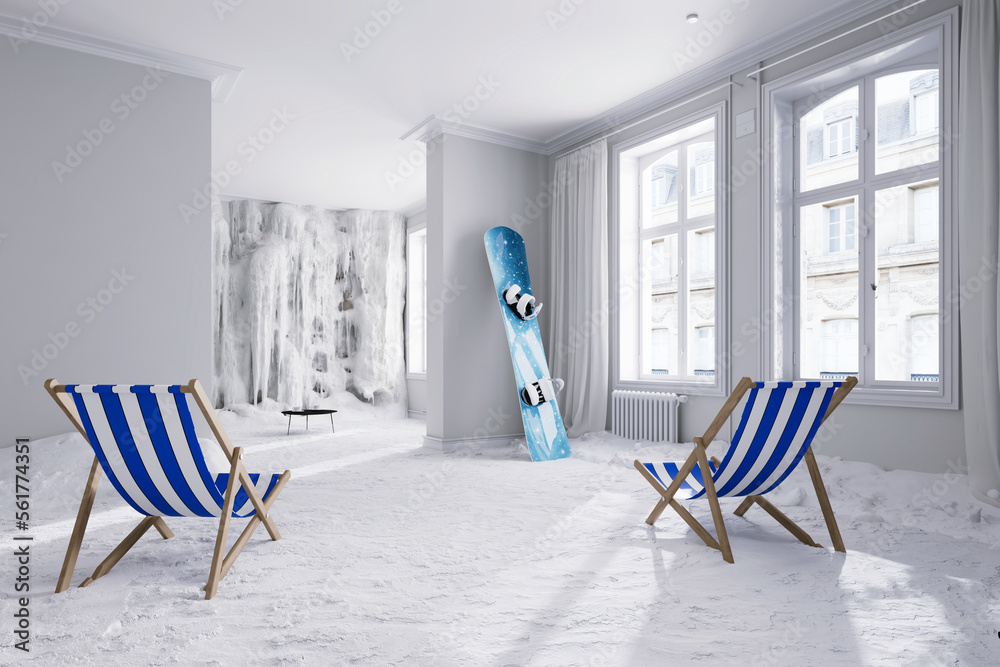 winter-vacation-at-home-with-snow-and-ice-and-snowboard-stock