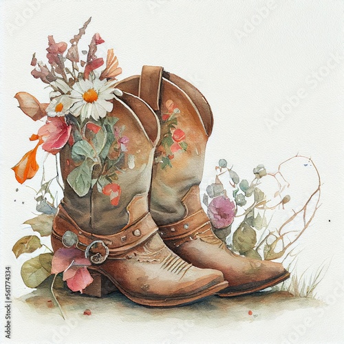 old pair of cowgirl boots cowboy watercolor still life bouquet of wildflowers flowers, generative ai photo