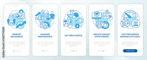 Treasury management benefits blue onboarding mobile app screen. Walkthrough 5 steps editable graphic instructions with linear concepts. UI, UX, GUI template. Myriad Pro-Bold, Regular fonts used