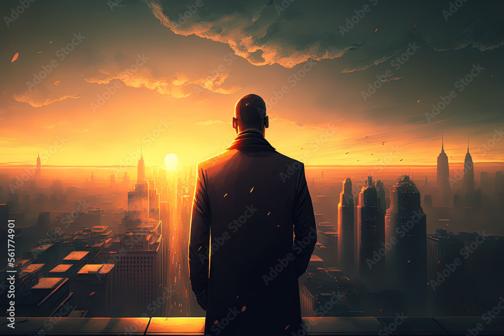 A businessman watching the sun set over the city while perched on a skyscraper's roof. Generative AI