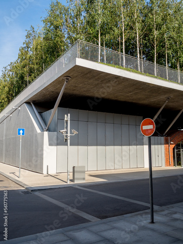 Road signs on a deserted city street