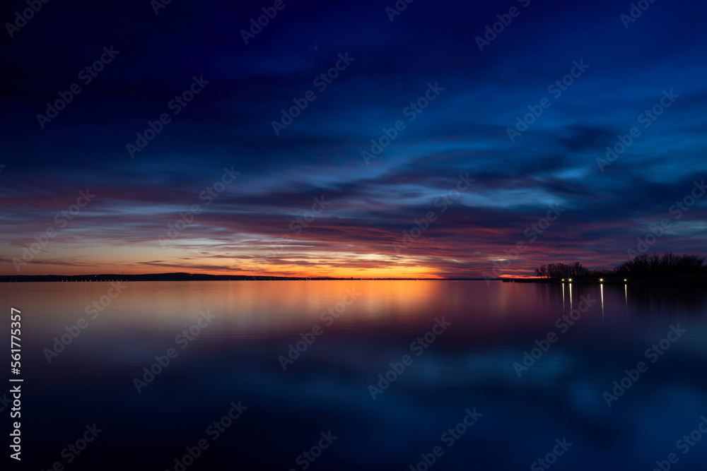 Dramatic sky, sunset over the lake Balaton in Hungary