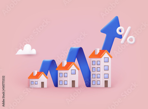 Housing price rising up, real estate investment or property growth concept. Arrow chart rising house prices. 3D Web Vector Illustrations.