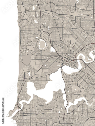 Detailed map of Perth city, linear print map. Cityscape panorama.