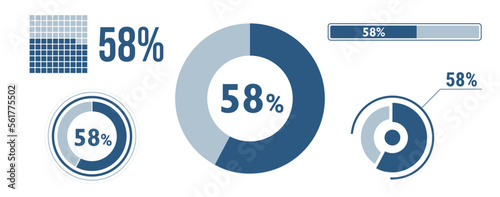 58% percentage infographic set. Fifty-eight circle diagram, piedonut chart, progress bar. 58 percent loading data icon. Vector concept collection.