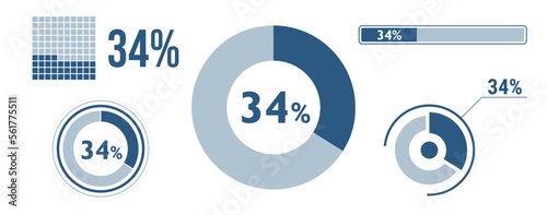 34% percentage infographic set. Thirty-four circle diagram, pie donut chart, progress bar. 34 percent loading data icon. Vector concept collection.