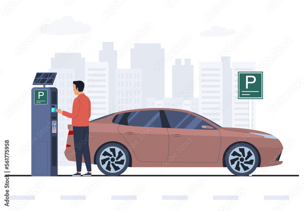 Man paying for parking at parking machine. Vector illustration
