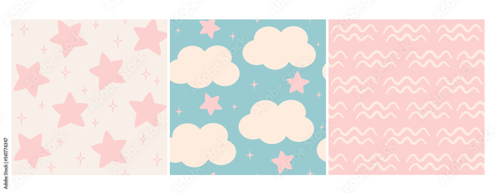 Cute lovely pastel pink and blue hand drawn set of seamless vector pattern background illustration with stars and clouds for kids, baby shower and others