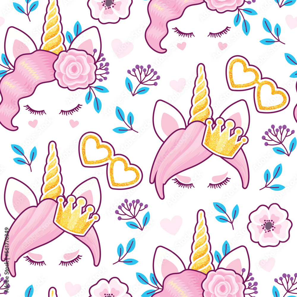 Seamless pattern with cute unicorn and flowers