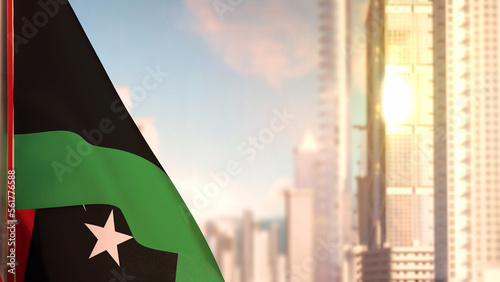 flag of Libya on city skyscrapers buildings vanilla sunset background for any holiday - abstract 3D rendering