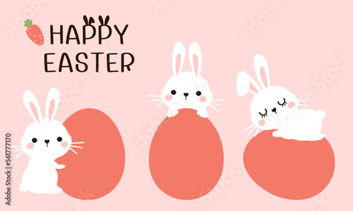 Set of Easter eggs with rabbit bunny cartoons and hand written fonts on pink background vector.