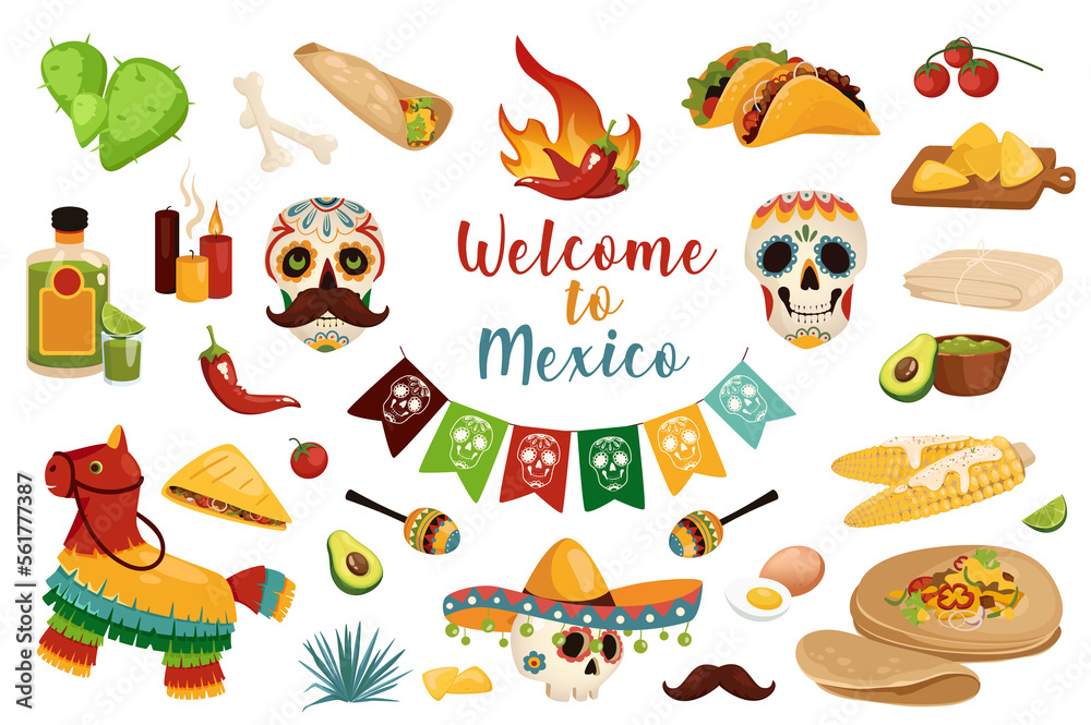 Welcome to Mexico in cartoon style set isolated elements. Bundle of cactus, bones, burrito, chili pepper, taco, cherry, guacamole, skulls, garland, nachos, other. Illustration in flat design Welcome to Mexico in cartoon style set isolated elements. Bundle of cactus, bones, burrito, chili pepper, taco, cherry, guacamole, skulls, garland, nachos, other. Illustration in flat design