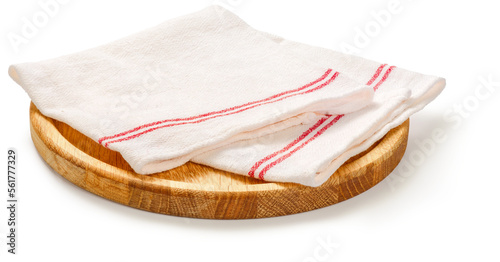 Napkin and board for pizza on white background. White napkin on wooden round board isolated.