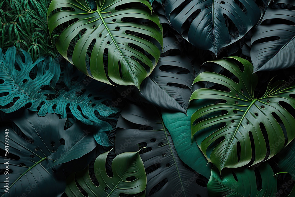 Close-up of tropical green leaves background. Generative AI.
Close-up of tropical green leaves background. Generative AI.