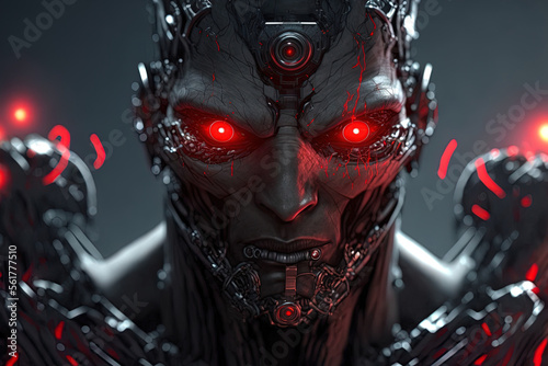 Cyborg with multiple red eyes. Generative AI