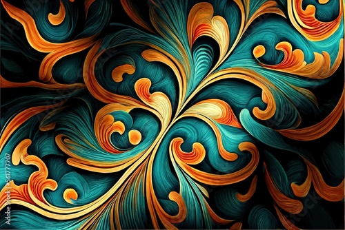 Floral orange blue folk abstract pattern. Generative AI