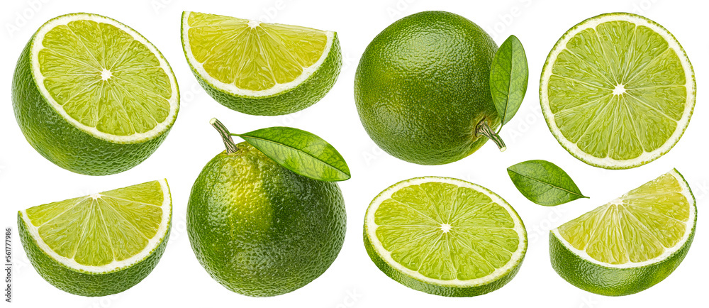 Lime citrus fruit isolated on white background, collection