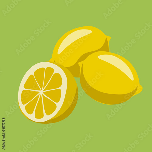 Lemons on a green background. two lemons and half a lemon. Fruit isolated in a simplified style. 