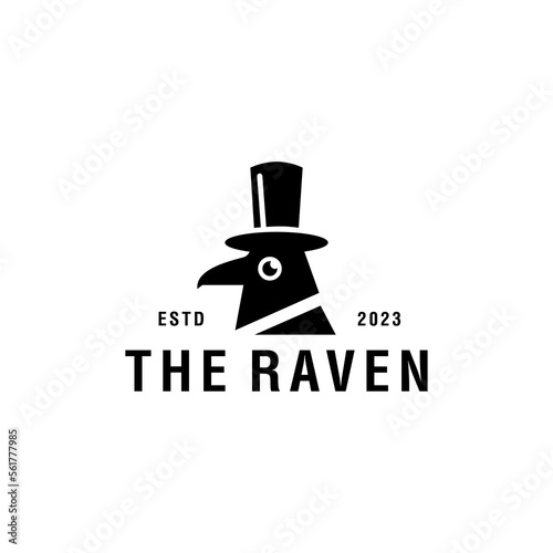 RAVEN DOCTOR LOGO. crow bird head with top hat design. gentleman black raven crow with bowler top hat 