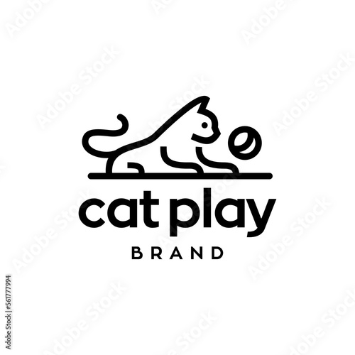 cat playing ball logo vector. cute Cat  And  Yarn Ball Cartoon Vector Icon line Illustration. line design of cat playing ball