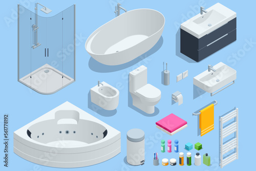 Isometric furniture elements, bathroom elements shower cabin, shower, bathtub, toilet bowl, bidet and heated towel rail