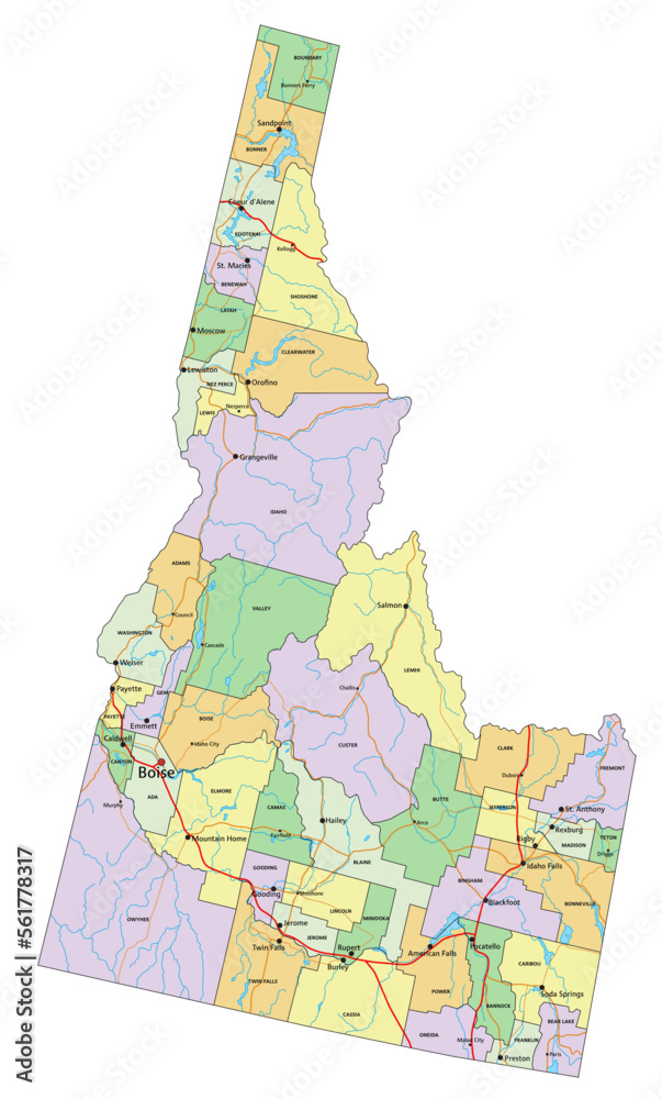 Idaho - Highly detailed editable political map with labeling. Stock ...